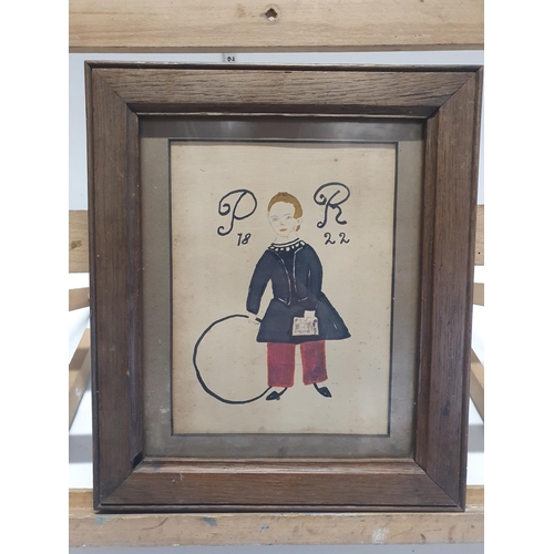 52 - A framed Georgian naive watercolour depicting a boy dated 1822 with initials PR overall dimensions 3... 