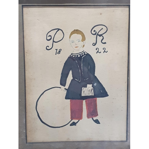 52 - A framed Georgian naive watercolour depicting a boy dated 1822 with initials PR overall dimensions 3... 