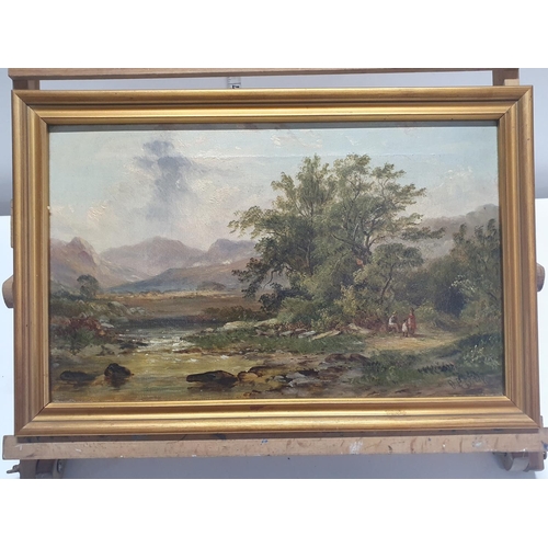 54 - A Victorian framed oil on canvas landscape with figures in foreground signed lower right artist unkn... 