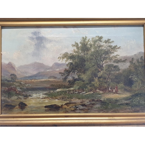 54 - A Victorian framed oil on canvas landscape with figures in foreground signed lower right artist unkn... 