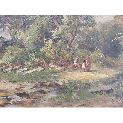 54 - A Victorian framed oil on canvas landscape with figures in foreground signed lower right artist unkn... 