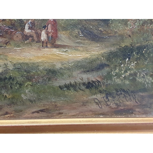 54 - A Victorian framed oil on canvas landscape with figures in foreground signed lower right artist unkn... 