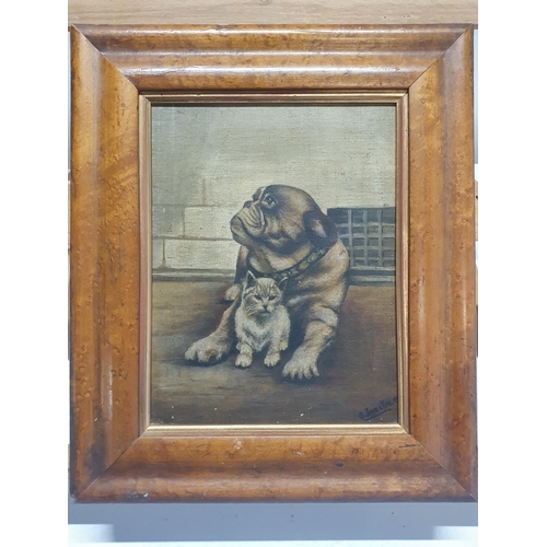 55 - A early 19th century walnut framed oil on canvas depicting a dog with cat signed to lower right corn... 