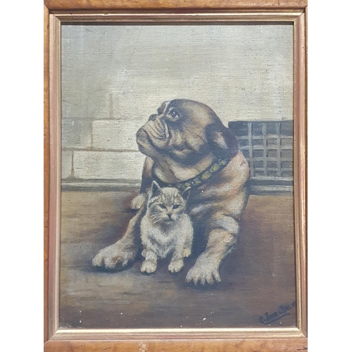 55 - A early 19th century walnut framed oil on canvas depicting a dog with cat signed to lower right corn... 