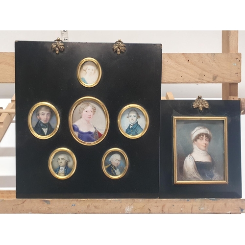 60 - The circle of Henry Pierce Bone (1755-1834) Georgian framed collage of six hand painted miniatures p... 