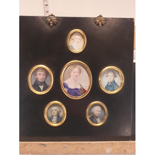 60 - The circle of Henry Pierce Bone (1755-1834) Georgian framed collage of six hand painted miniatures p... 