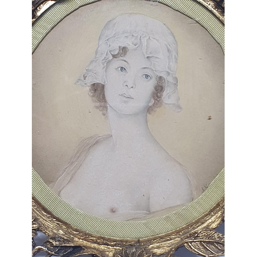 61 - A Victorian framed hand painted miniature depicting portrait of a semi-nude lady in brass frame sign... 