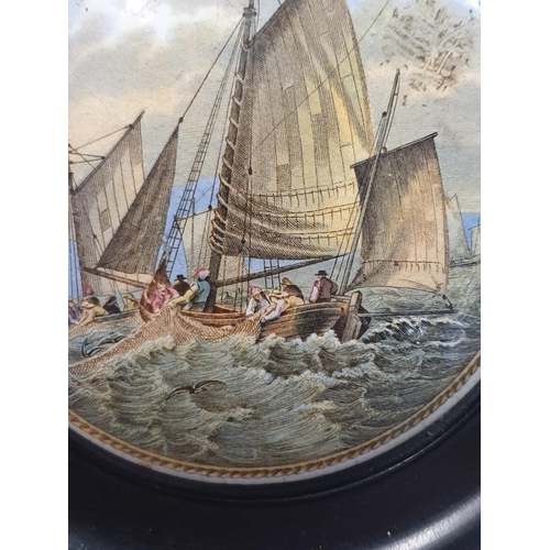 63 - A Victorian hand painted Pratt ware porcelain lid depicting a nautical scene (hairline crack)