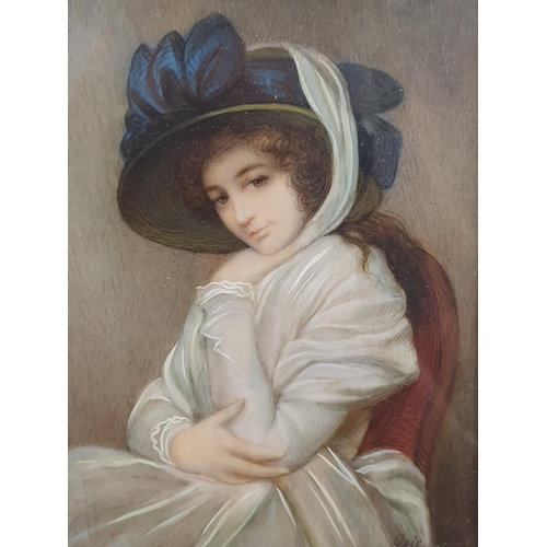 67 - A after George Romney (1734-1802) framed hand painted miniature depicting 'Lady Hamilton in Straw Ha... 