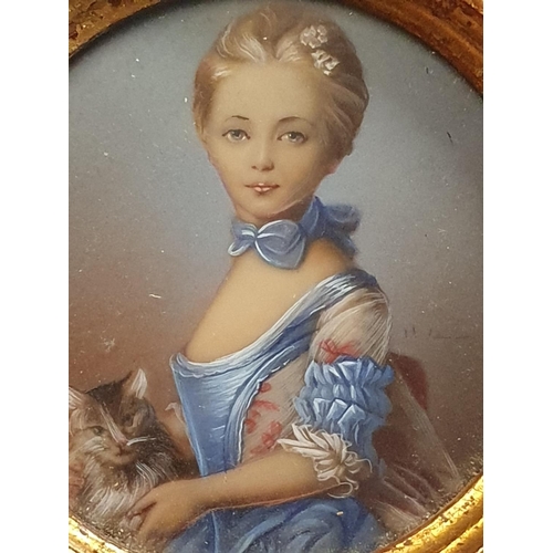 90 - A after Jean Baptiste Perronneau A Girl with Kitten Georgian framed painted miniature portrait signe... 