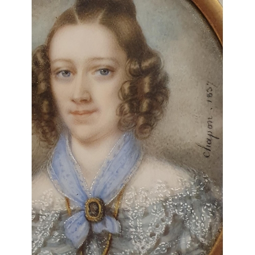 97 - A Hippolyte Chapon Georgian painted miniature portrait in a brass frame of a young lady signed and d... 