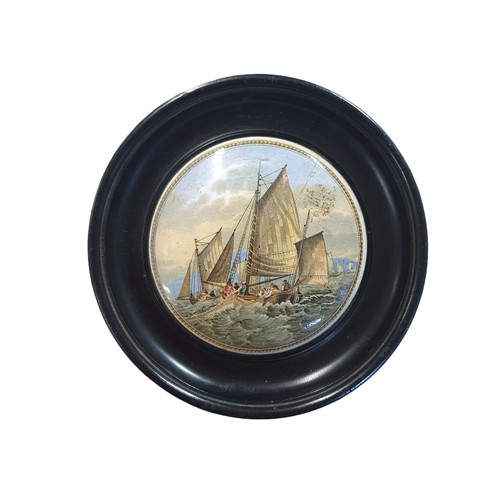 63 - A Victorian hand painted Pratt ware porcelain lid depicting a nautical scene (hairline crack)