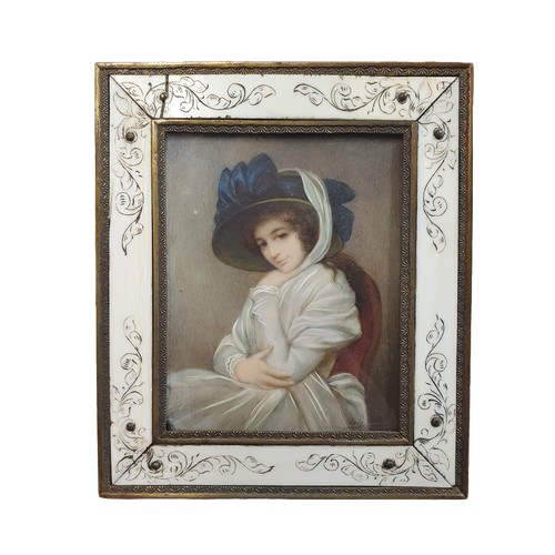 67 - A after George Romney (1734-1802) framed hand painted miniature depicting 'Lady Hamilton in Straw Ha... 