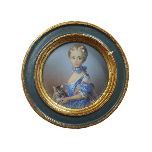 90 - A after Jean Baptiste Perronneau A Girl with Kitten Georgian framed painted miniature portrait signe... 