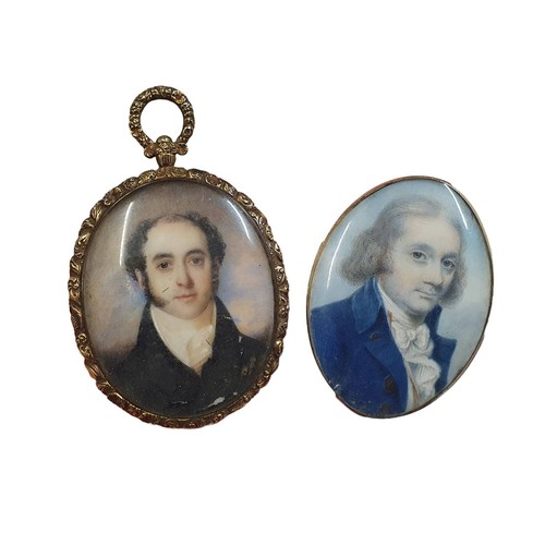 95 - Two miniature portraits of Georgian men, possibly mourning portraits one with a lock of hair in back... 