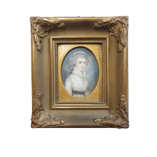 96 - A Georgian painted miniature portrait of a lady in a gilt framed (signature illegible) overall dimen... 