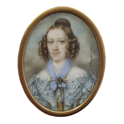 97 - A Hippolyte Chapon Georgian painted miniature portrait in a brass frame of a young lady signed and d... 