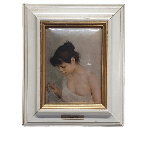 102 - A framed miniature print of a semi-nude woman singed R. Casas overall dimensions 22x18cm