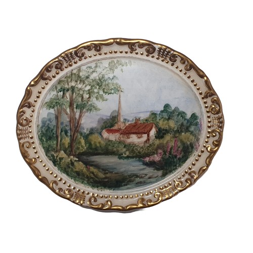 105 - A painted ceramic miniature of a landscape scene signed to reverse F Hogg overall dimensions 13x11cm