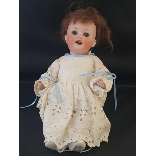 191 - Two Heubach bisque dolls with period dress and one other with horseshoe mark to back of the neck pos... 