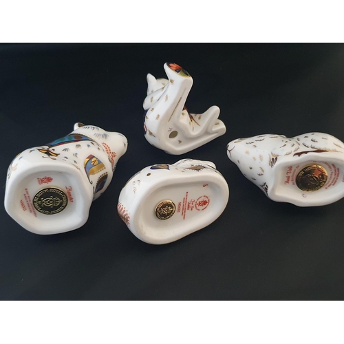 195 - Four assorted Royal Crown Derby paperweights three with gold stopper, teddy missing stopper