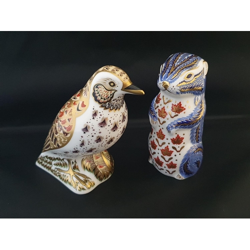 196 - Two Royal Crown Derby paperweights Song Thrush with gold stopper, Chipmunk with silver stopper