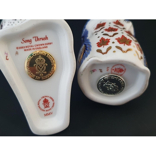 196 - Two Royal Crown Derby paperweights Song Thrush with gold stopper, Chipmunk with silver stopper