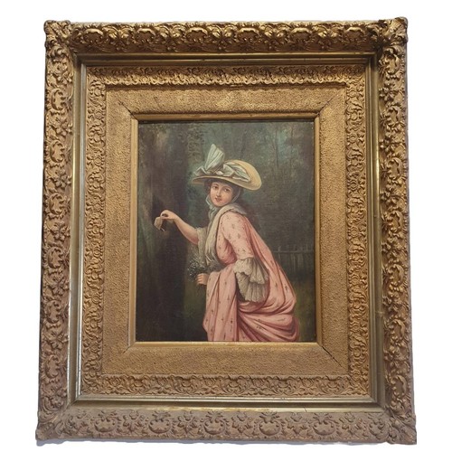 38 - A Victorian oil on canvas depicting  young lady hiding love letters in a tree, artist unknown in a h... 