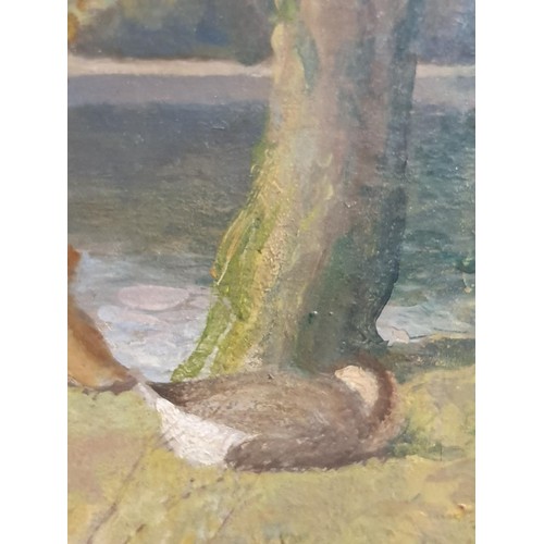 34 - Attributed to John Bulloch Souter (1890-1972) oil on board ducks by the river in a gilt frame, unsig... 