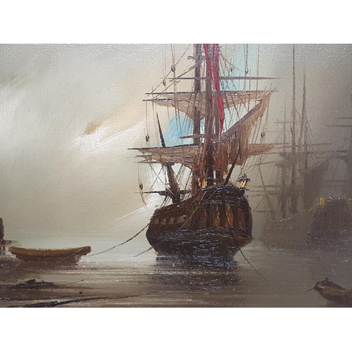 107 - A largest framed oil on canvas depicting tall ships, signed Hilton to the lower left corner. 85cm x ... 