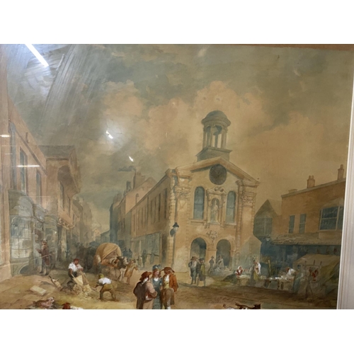 73 - A well framed and quality painted watercolour depicting a Georgian market scene, unsigned 77x68