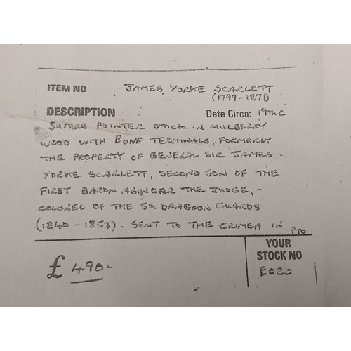 89 - A 19th Century Mulberry Wood and Bone Supres Pointer Stick, formerly the property of General Sir Jam... 