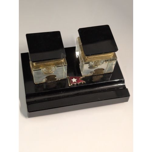 93 - A 1930s White Star Line Art Deco Black Desk Set with Two Inkwells