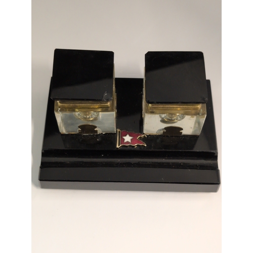 93 - A 1930s White Star Line Art Deco Black Desk Set with Two Inkwells