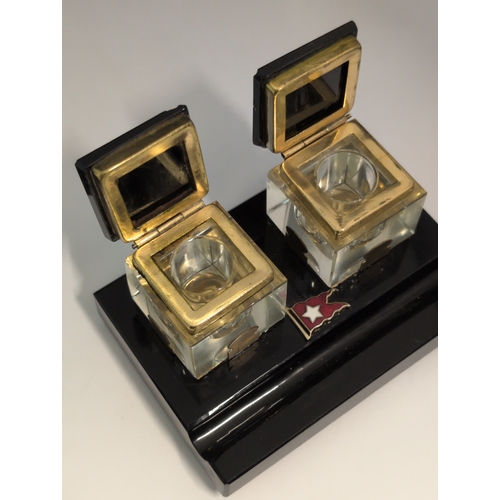 93 - A 1930s White Star Line Art Deco Black Desk Set with Two Inkwells