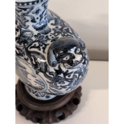 96 - A Chinese Blue and White Porcelain Vase, Bearing a Qianlong Mark, with Three Animal-Head Handles and... 