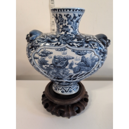 96 - A Chinese Blue and White Porcelain Vase, Bearing a Qianlong Mark, with Three Animal-Head Handles and... 