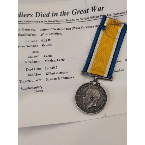 103 - Local Interest: A British War Medal 1914-1918 to Morley Resident Pte. E. Ellis (Died In The Great Wa... 
