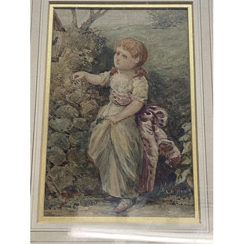142 - A framed watercolour depicting a young girl picking flowers by Henry James Johnstone (1835-1907) sig... 