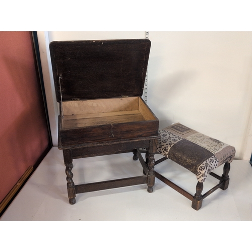 71 - A Jacobean Style Oak Box-Form Desk or Sewing Table with Stool, Shipping Unavailable