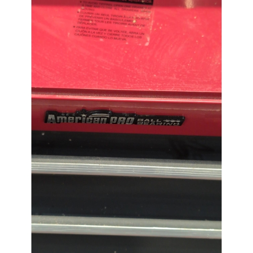 159 - A Red Three-Drawer Metal Toolbox by American PRO BALL BEARING, Shipping Unavailable