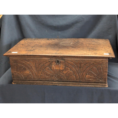 67 - English Carved Oak Bible Box, 17th Century. 74 x 44 x 23 CM. Shipping Unavailable