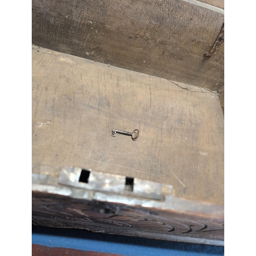 67 - English Carved Oak Bible Box, 17th Century. 74 x 44 x 23 CM. Shipping Unavailable