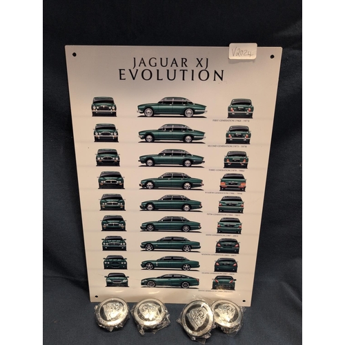78 - A Jaguar XJ Evolution Metal Sign with Four Jaguar Wheel Emblems