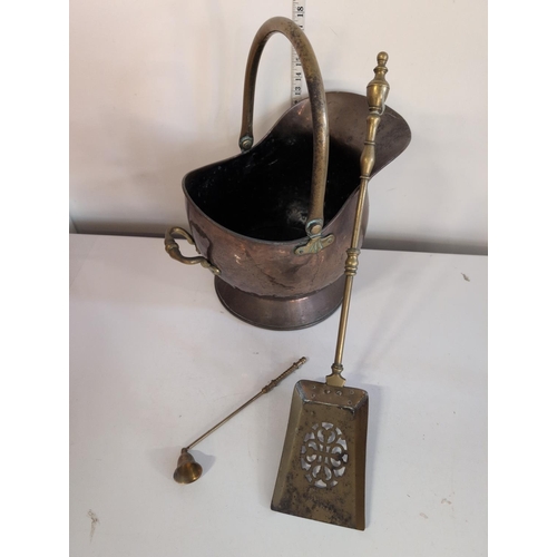 83 - An Antique Victorian Copper Coal Scuttle and Two Brass Fireplace Tools, shipping unavailable