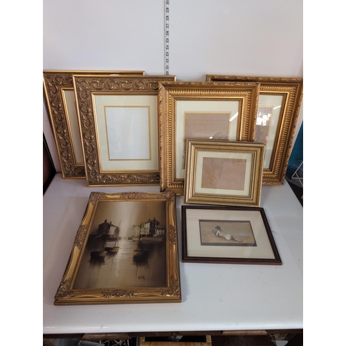 87 - A Collection of Gilded Wood Picture Frames and Framed Artworks Including Oil By Hilton. Largest fram... 