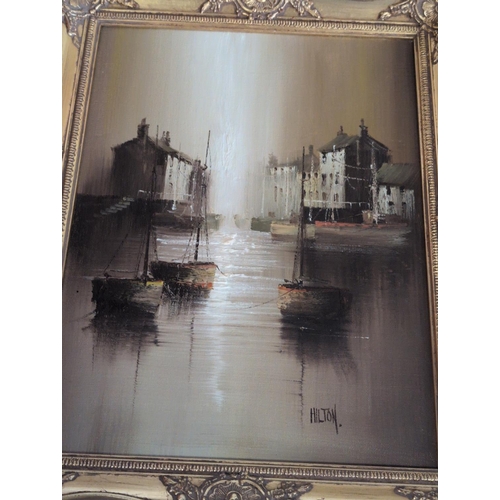 87 - A Collection of Gilded Wood Picture Frames and Framed Artworks Including Oil By Hilton. Largest fram... 