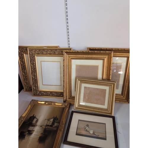 87 - A Collection of Gilded Wood Picture Frames and Framed Artworks Including Oil By Hilton. Largest fram... 