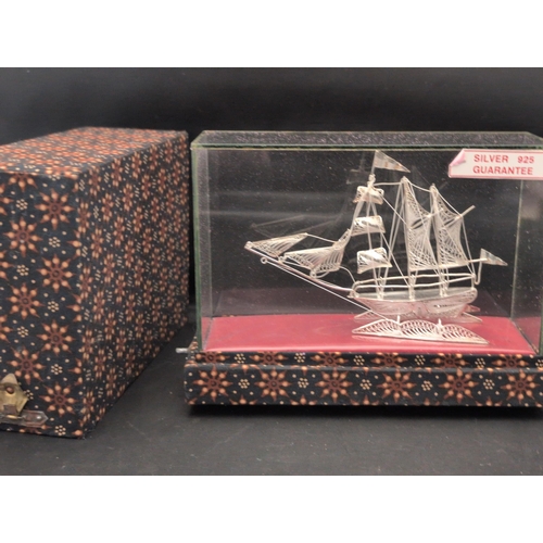 125 - A Sterling Silver Filigree Sailing Ship Model in Display Case