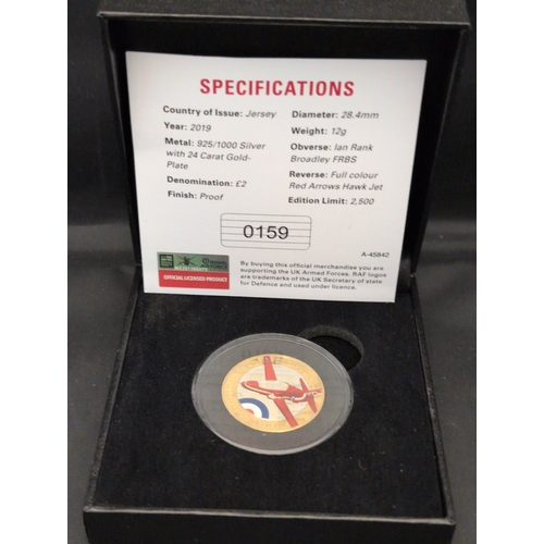 127 - Jersey 2019 £2 Red Arrows Hawk Jet Silver Proof Coin, Gold-Plated